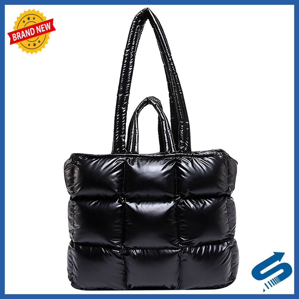 Large Quilted Puffer Tote Bag, Water-Resistant Nylon, 13.6x11.8x4.3